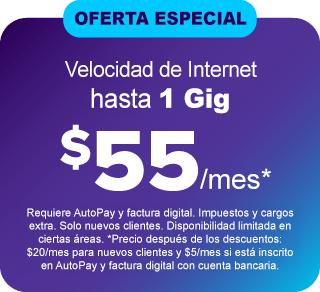 Oferta especial: velocidad de hasta 1 GB a $55 Oferta especial: velocidad de hasta 1 GB a $55